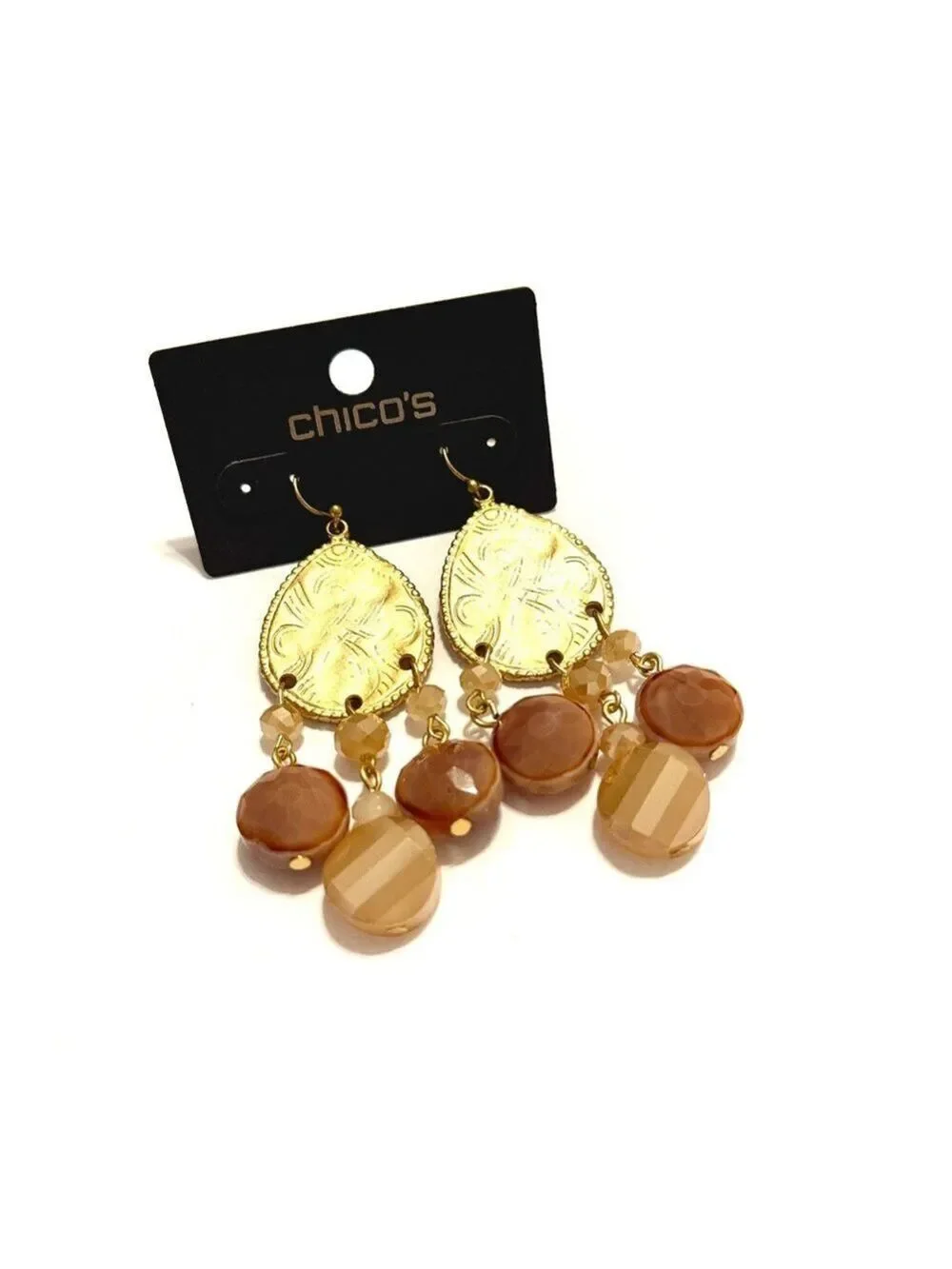 Chico's Gold Teardrop Dangle Earrings Peachy Gemstone NWT